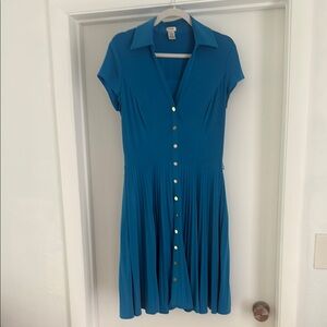EUC Cache Blue Pleated A-Line Midi Dress Gold Button Detail Sz 10